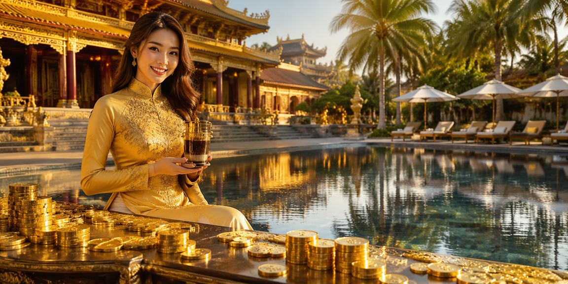 Phụ nữ mặc áo dài Huế cầm vé số bên hiên nhà cổ kính