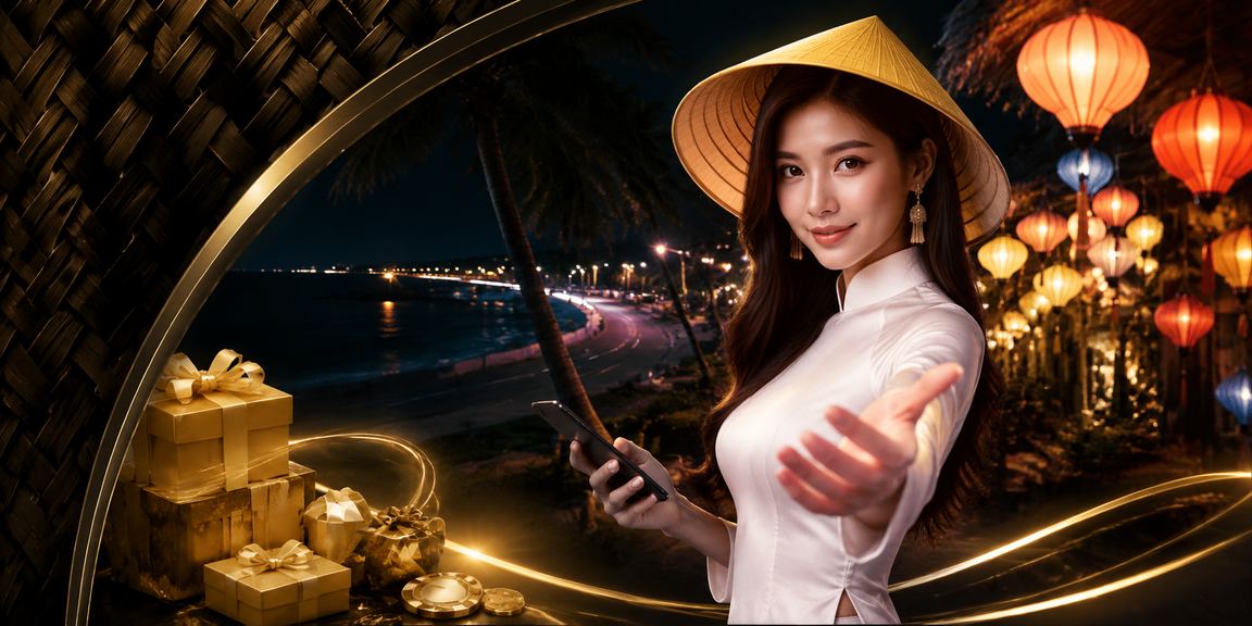 Người chơi đăng ký nhận thưởng tại bãi biển Mũi Né với nón lá truyền thống
