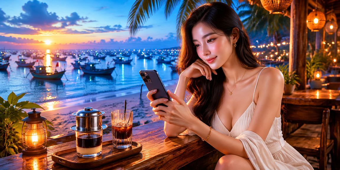 Người dùng xem kèo thể thao tại Mũi Né với ly cà phê trên tay