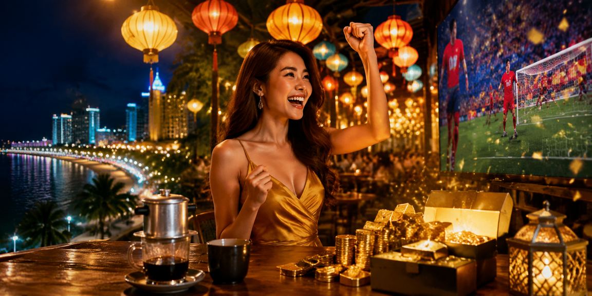 Người dùng ngồi bên bờ biển Nha Trang kiểm tra kết quả xổ số trên điện thoại buổi sáng